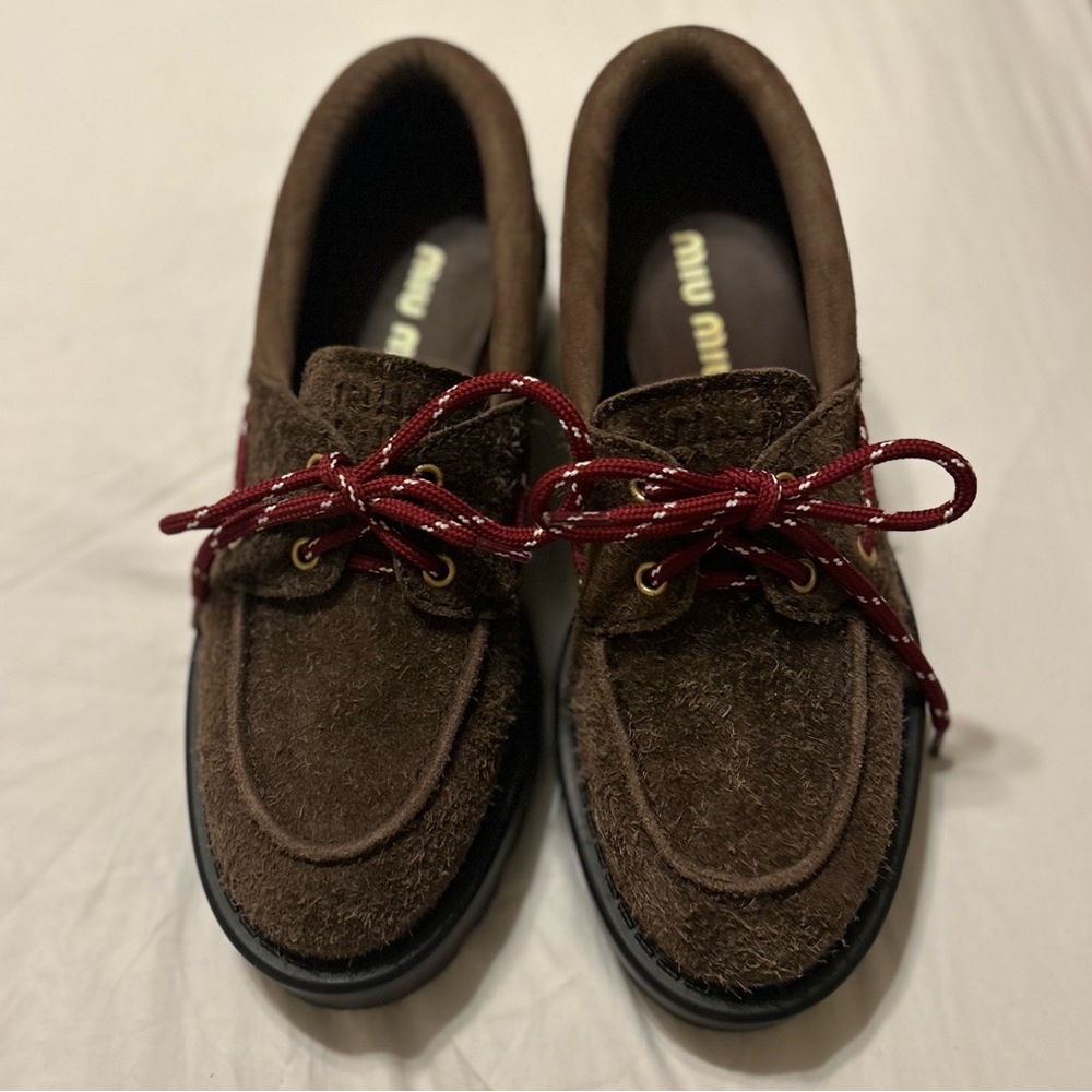 Miu Miu Dark Brown Women’s Boat Shoes with Red Laces